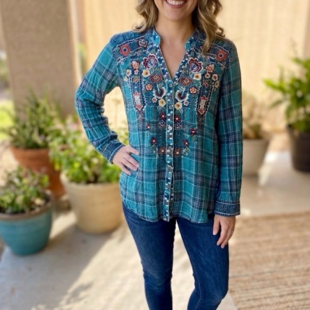 Johnny Was Floral Embroidered Plaid Blouse with Mandarin Collar size lg - Picture 8 of 9